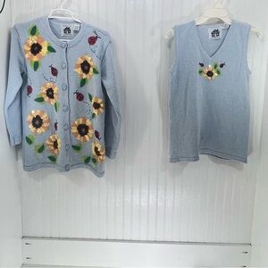 Storybook Knits Vintage Blue Sunflower Whimsical Knit Cardigan + Tank Set Size S